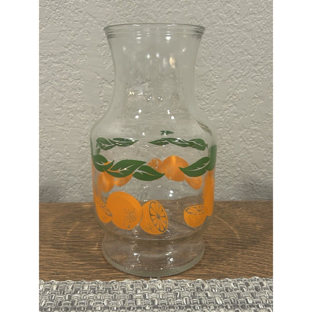 Vintage Anchor Hocking Orange Juice Carafe Orange Print No Lid 9.25” Tall